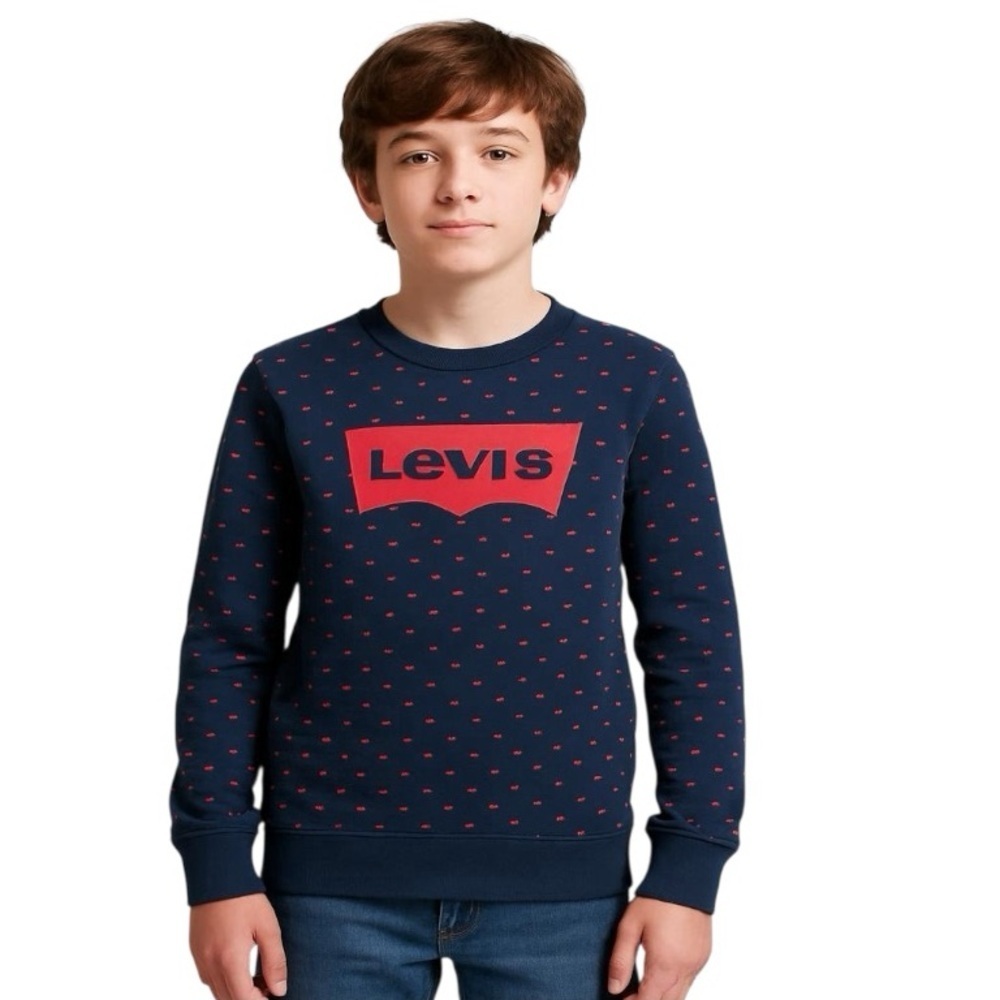 Levi’s Youth Unisex Blue Crewneck Long Sleeves Sweatshirt with Red Logo in XL